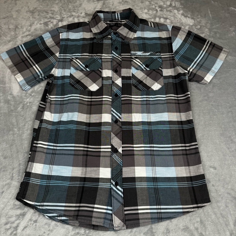 BKE Slim Fit Plaid Shirt Mens L Short Sleeve Button Down Blue Black Gray Cotton